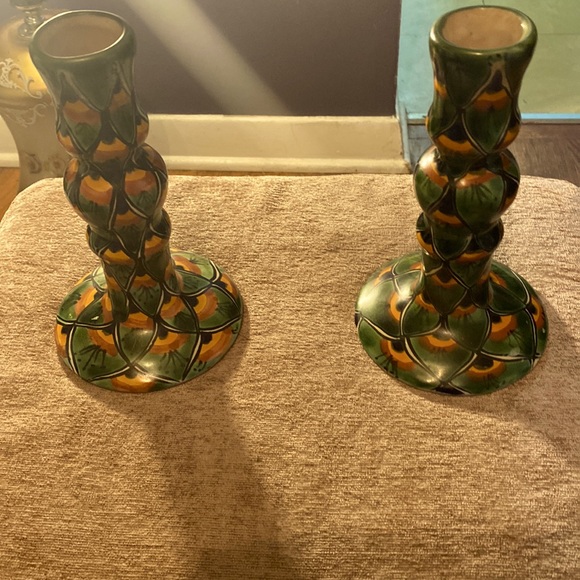 Peacock hand painted Mexican folk art candle holders - Picture 1 of 4
